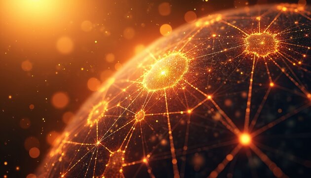 Digital network globe with glowing connections and data points. Abstract concept of global connectivity, information flow, and modern technology infrastructure. Futuristic cyberspace illustration.