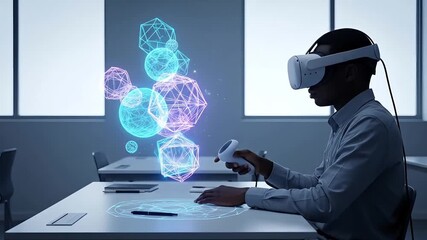 Professional 3D artist or engineer manipulating holographic geometry using VR controllers in a modern workspace - Powered by Adobe
