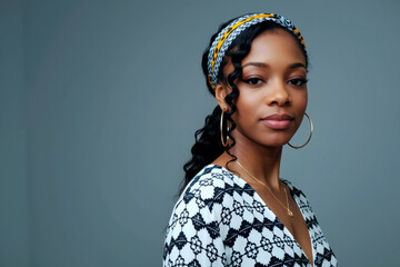 Portrait of young adult Black woman looking at camera with confident expression, wearing patterned headband and hoop earrings, standing against plain gray background