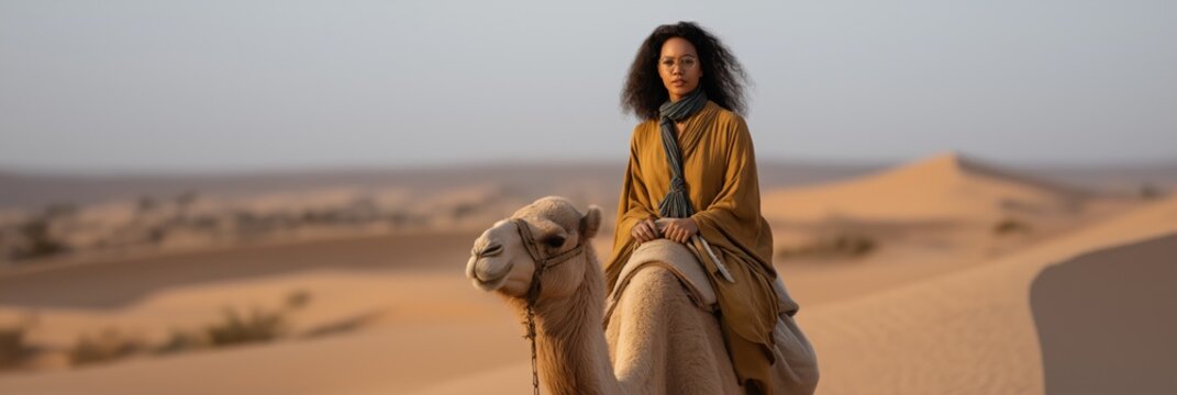African young woman riding camel in desert landscape at sunset