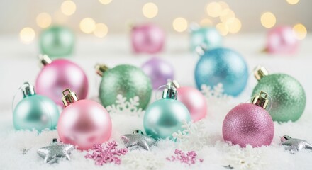 Fototapeta premium Pastel Christmas ornaments with snowflakes festive holiday decorations for winter season isolated on white background