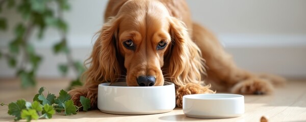 Cocker spaniel dog eats dry food from bowl on kitchen floor. Cute pet enjoys balanced nutrition diet at home. Domestic animal eats granules from dish indoors.