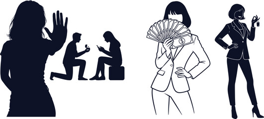 Silhouettes of proposal rejection, woman with money fan, and woman with keys on white background Keywords: woman, silhouette