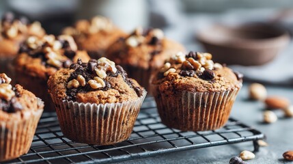 Warm chocolate walnut muffins sit on a cooling rack in a cozy kitchen. The muffins are adorned with chocolate chips and walnuts, inviting a delightful treat moment.