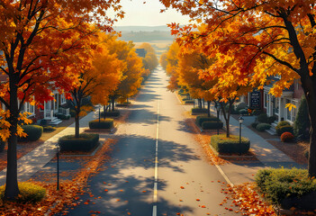 A peaceful small town street lined with vibrant autumn trees and colorful leaves glowing in warm sunlight cozy houses and quiet sidewalks create a charming seasonal neighborhood scene