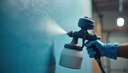 Hand holds industrial spray gun applying paint onto surface. Worker sprays blue paint with airbrush. Painter uses equipment for painting. Industrial painting and coating work with spray gun.