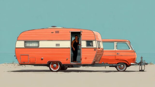 Vintage orange camper van parked by the beach under a clear blue sky during sunny daylight hours