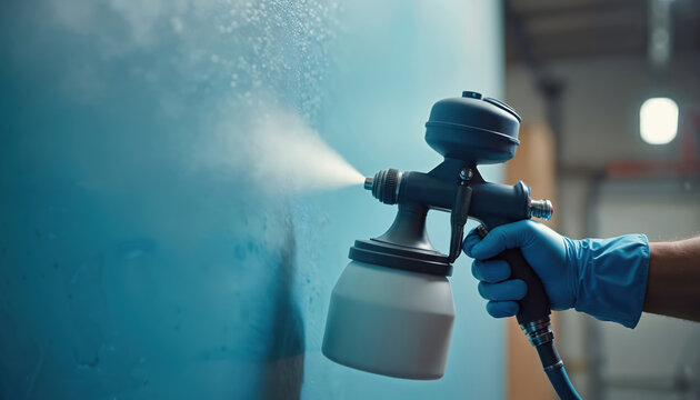 Hand holds industrial spray gun applying paint onto surface. Worker sprays blue paint with airbrush. Painter uses equipment for painting. Industrial painting and coating work with spray gun.
