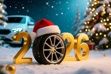 New Year's composition with a wheel and the numbers 2026