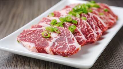 Tender marbled beef slices are neatly arranged on a white platter, topped with fresh green onions. This dish showcases the texture and quality of the meat, perfect for grilling.