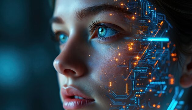 Close-up profile of young womans face merges with glowing blue, orange digital circuits. Future tech integration human augmentation, advanced neural networks connecting biology, cybernetics.