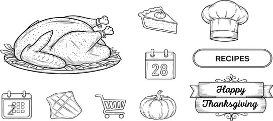 Thanksgiving holiday feast monochrome line art collection, featuring roasted turkey, pumpkin pie, chef's hat, and seasonal celebration elements for autumn designs