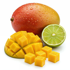 Ripe Mango with Lime and Slices Isolated on White Background, Fresh Tropical Fruit, Citrus, Healthy Food Concept, Juicy Summer Composition, Vibrant Colors Stock Photo

