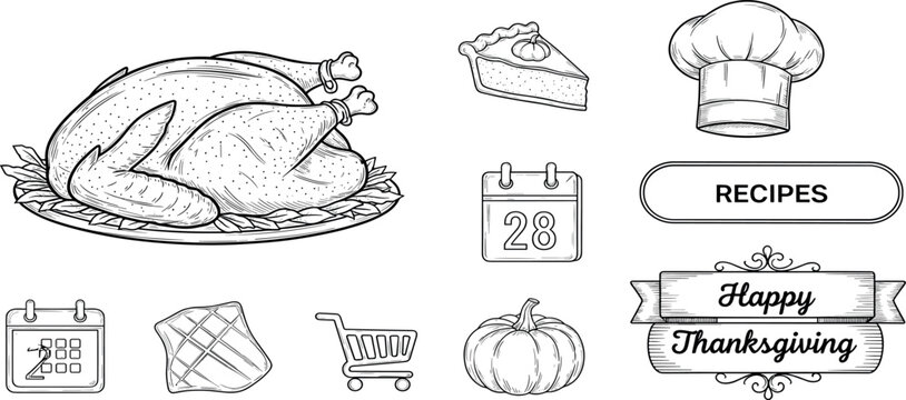 Thanksgiving holiday feast monochrome line art collection, featuring roasted turkey, pumpkin pie, chef's hat, and seasonal celebration elements for autumn designs