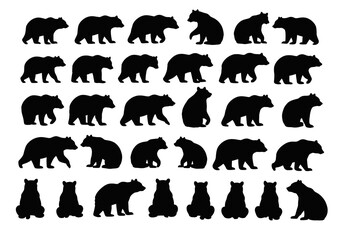 Collection of black silhouette shapes depicting bears in various poses