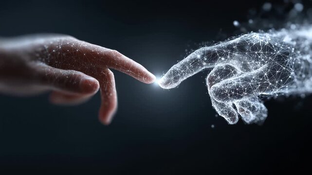Human hand reaching toward a glowing digital hand in a dark space illustrating connection between humanity and technology