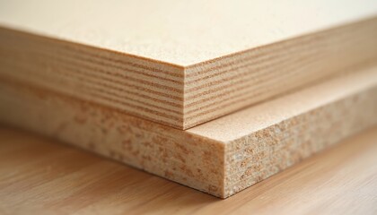 Two wood boards show material comparsion. Fiberboard texture. Sample compares material properties. Timber displays surface. Stacked plywood panels show layers. Woodworking presents boards for