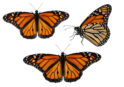 Three monarch butterflies isolated on transparent background - Powered by Adobe