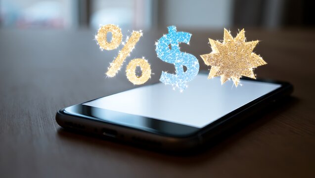 Digital currency and financial symbols emerge from a smartphone screen representing online transactions and modern financial opportunities