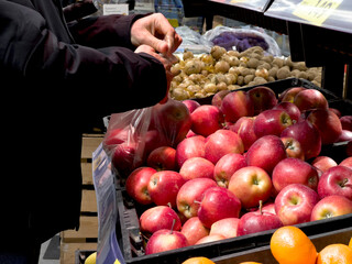 A person is shopping for apples and oranges at a market