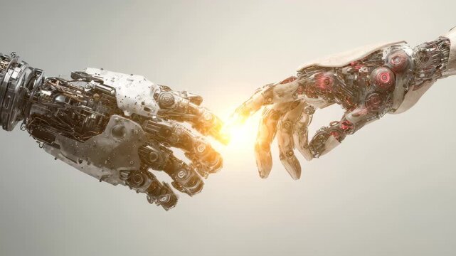 Two hands reaching towards each other, one human and one robotic, symbolizing connection and collaboration in a futuristic setting