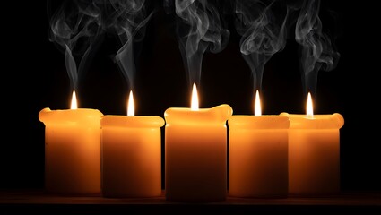 Five thick lit candles with wisps of smoke rising against a dark background creating a somber and atmospheric mood