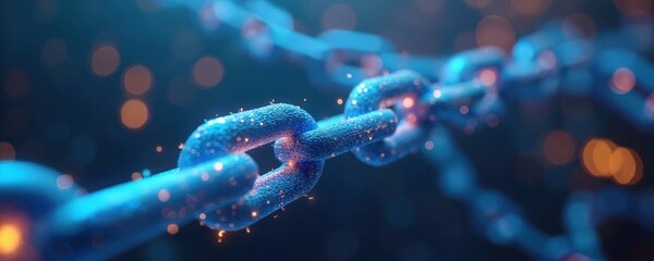 Close view of a blue luminous chain on blur dark backdrop. Blockchain tech shown by digitally connected links. Network security, crypto currency concept. Data protection with peer to peer network.
