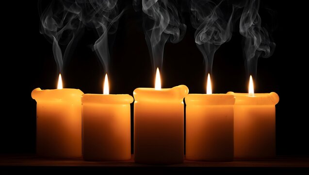 Five thick lit candles with wisps of smoke rising against a dark background creating a somber and atmospheric mood