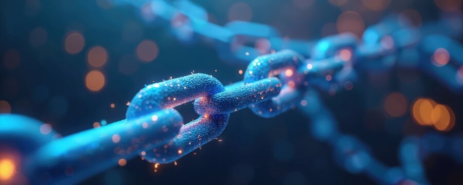 Close view of a blue luminous chain on blur dark backdrop. Blockchain tech shown by digitally connected links. Network security, crypto currency concept. Data protection with peer to peer network.