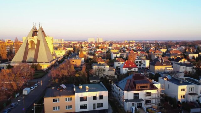 Golden hour aerial over Winogrady, Poznań, private sector view
