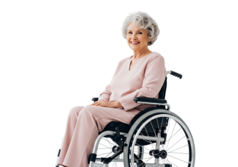 Elderly woman smiling in wheelchair isolated on transparent background