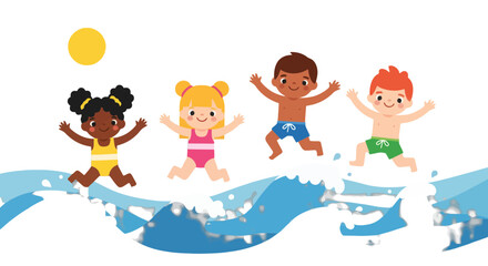 Fototapeta premium Joyful Multiethnic Children Jumping Waves in a Sunny Ocean Setting Illustration