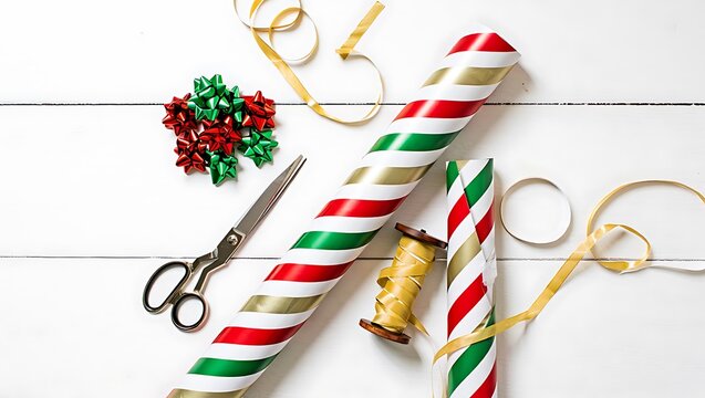 Festive candy cane decorations crafted with colorful ribbons scissors and bows perfect for holiday crafting and gift wrapping inspiration