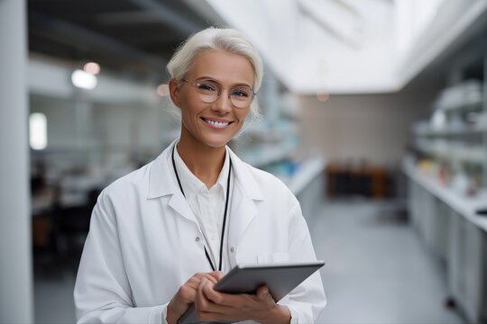 Smiling female scientist in a lab coat holding tablet in modern laboratory - Powered by Adobe