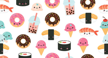 Flat vector seamless pattern of cute sushi, donuts, boba tea, and ice cream with smiling faces. Solid pastel colors, clean shapes, no gradients, ideal for packaging and kids design