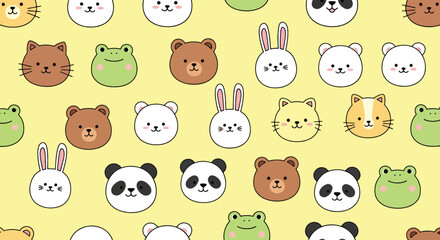 Flat vector seamless pattern of kawaii animal faces including cat, bunny, bear, and panda. Solid pastel tones, round shapes, no gradients, perfect for textile and kids wallpaper