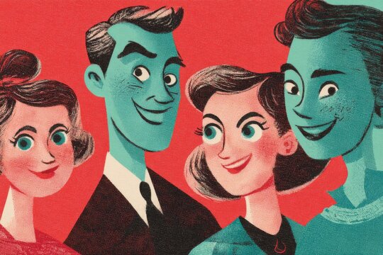 A 1950s propaganda style poster with smiling abstract figures