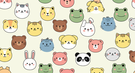 Flat vector seamless pattern of kawaii animal faces including cat, bunny, bear, and panda. Solid pastel tones, round shapes, no gradients, perfect for textile and kids wallpaper