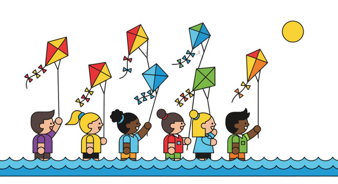 Joyful Kids Enjoying Kite Flying Against Dark Sky With Illuminated Sun And Water