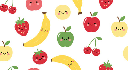 Flat vector seamless pattern of cute smiling fruits including strawberry, apple, and cherry. Solid pastel colors, kawaii style, no gradients, perfect for wrapping and apparel design