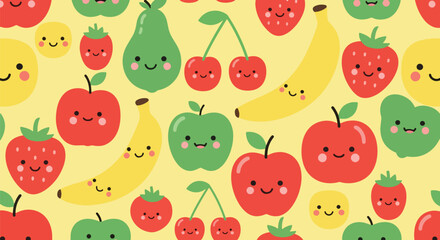 Flat vector seamless pattern of cute smiling fruits including strawberry, apple, and cherry. Solid pastel colors, kawaii style, no gradients, perfect for wrapping and apparel design