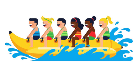 Joyful Group Riding Inflatable Banana Boat on Sparkling Blue Waters Against Black