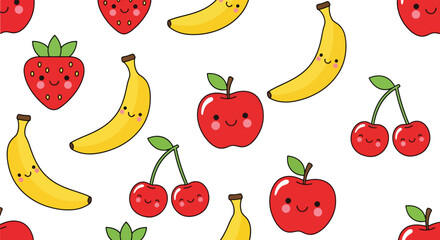 Flat vector seamless pattern of cute smiling fruits including strawberry, apple, and cherry. Solid pastel colors, kawaii style, no gradients, perfect for wrapping and apparel design