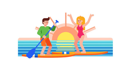 Joyful Paddleboarders Enjoying a Sunny Day on the Calm Water and Splendid Horizon