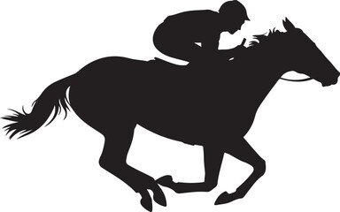 A silhouette of a jockey riding a horse in a race. Vector Black silhouettes. with white background
