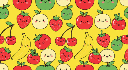 Flat vector seamless pattern of cute smiling fruits including strawberry, apple, and cherry. Solid pastel colors, kawaii style, no gradients, perfect for wrapping and apparel design