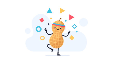 Joyful Peanut Character Dancing With Colorful Geometric Shapes Against White Background