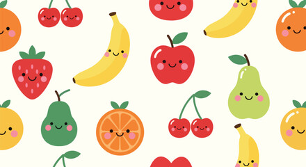 Flat vector seamless pattern of cute smiling fruits including strawberry, apple, and cherry. Solid pastel colors, kawaii style, no gradients, perfect for wrapping and apparel design