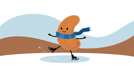 Joyful Peanut Character Gracefully Ice Skating on a Frosty Winter Afternoon