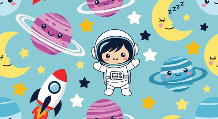 Flat vector seamless pattern of cute planets, stars, rockets, and moons with happy faces. Solid pastel tones, no gradients, kawaii cosmic style, perfect for prints and wallpapers